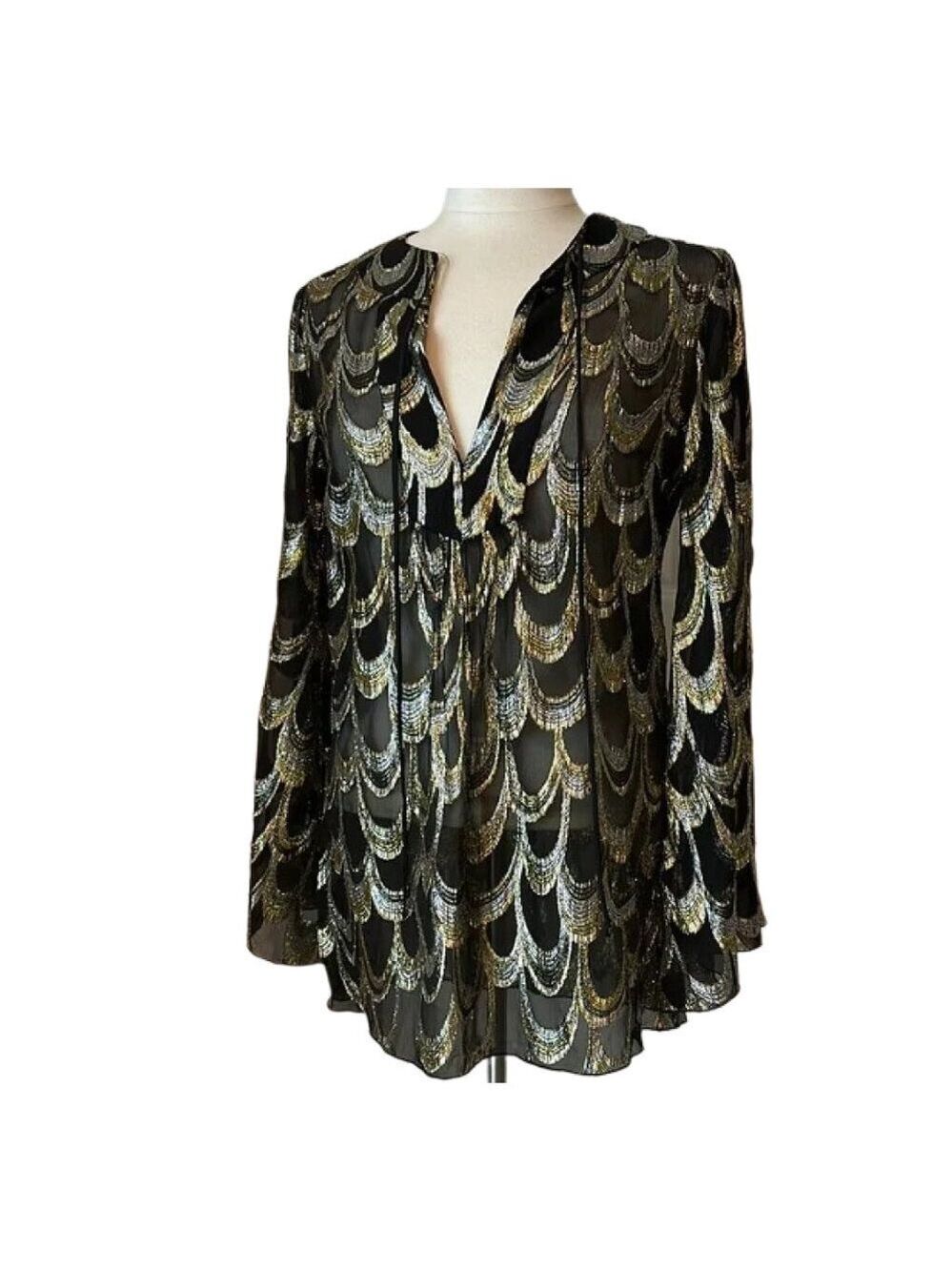 Trina Turk Silk Metallic Gold Silver Black Top Medium